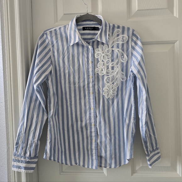 Lauren Blue and White Striped Shirt with Lace Detail Size MP - Picture 2 of 16